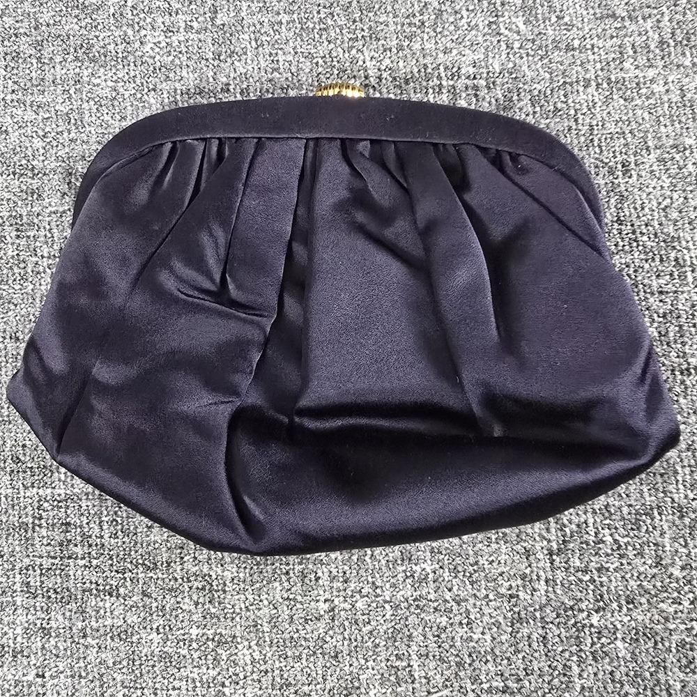 Vintage MM Navy Blue Satin Pleated Evening Clutch Bag Gold Clasp Formal Wedding